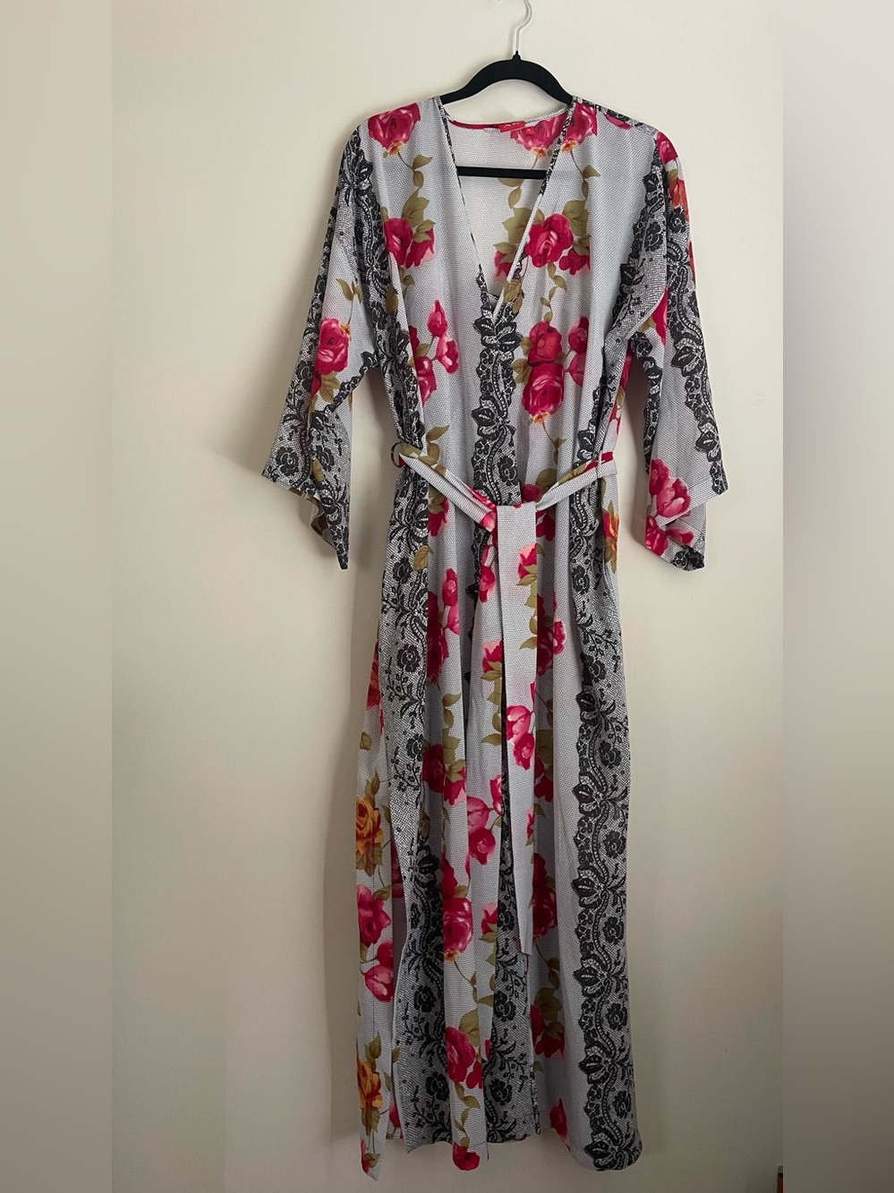 VTG Anne Klein Floral Robe And Slip Dress Set Size M Black Pink Ruffle W/ Slits